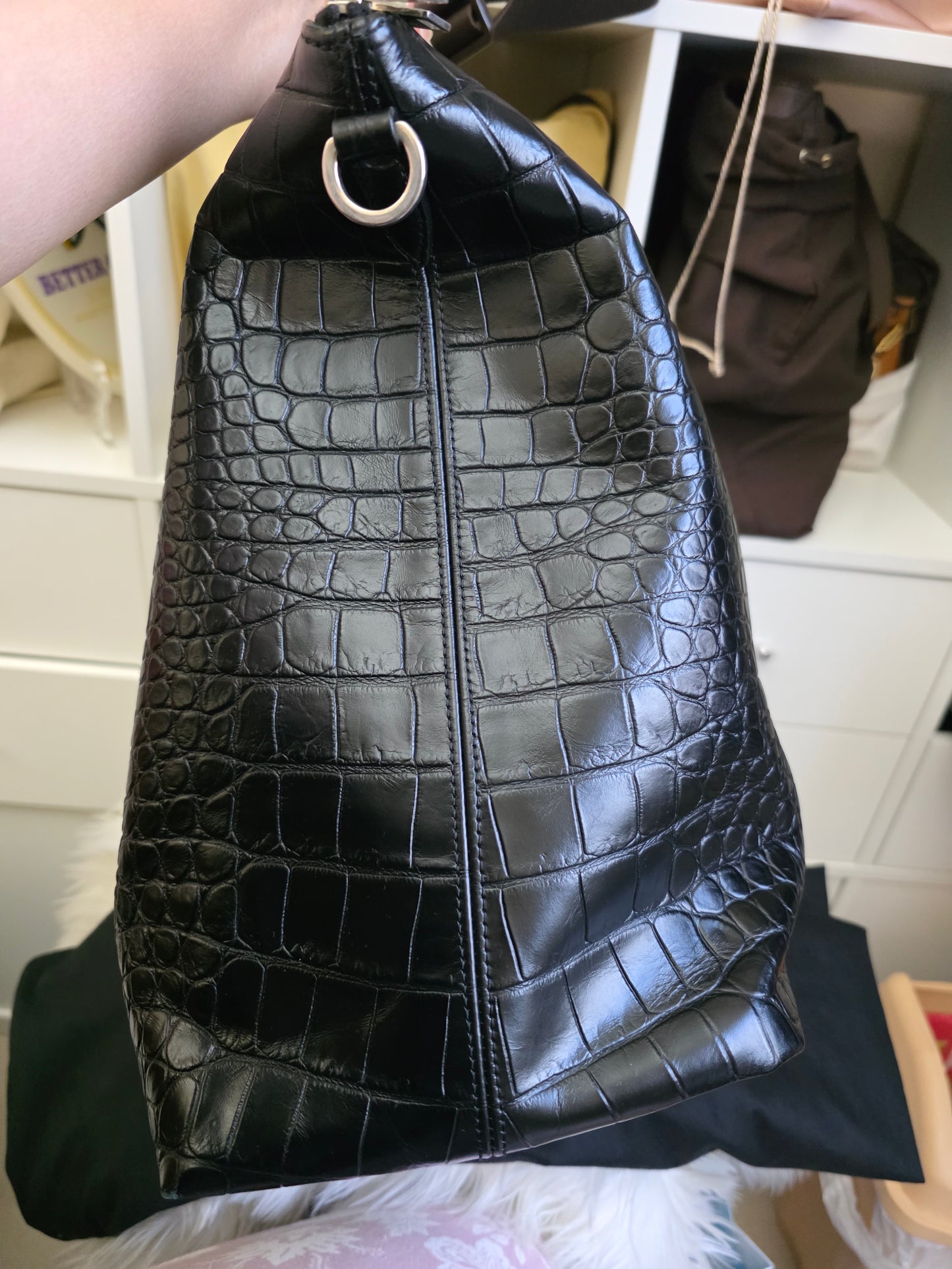 PRELOVED YSL Saint Laurent Giant bowling bag black croc embossed leather BAG