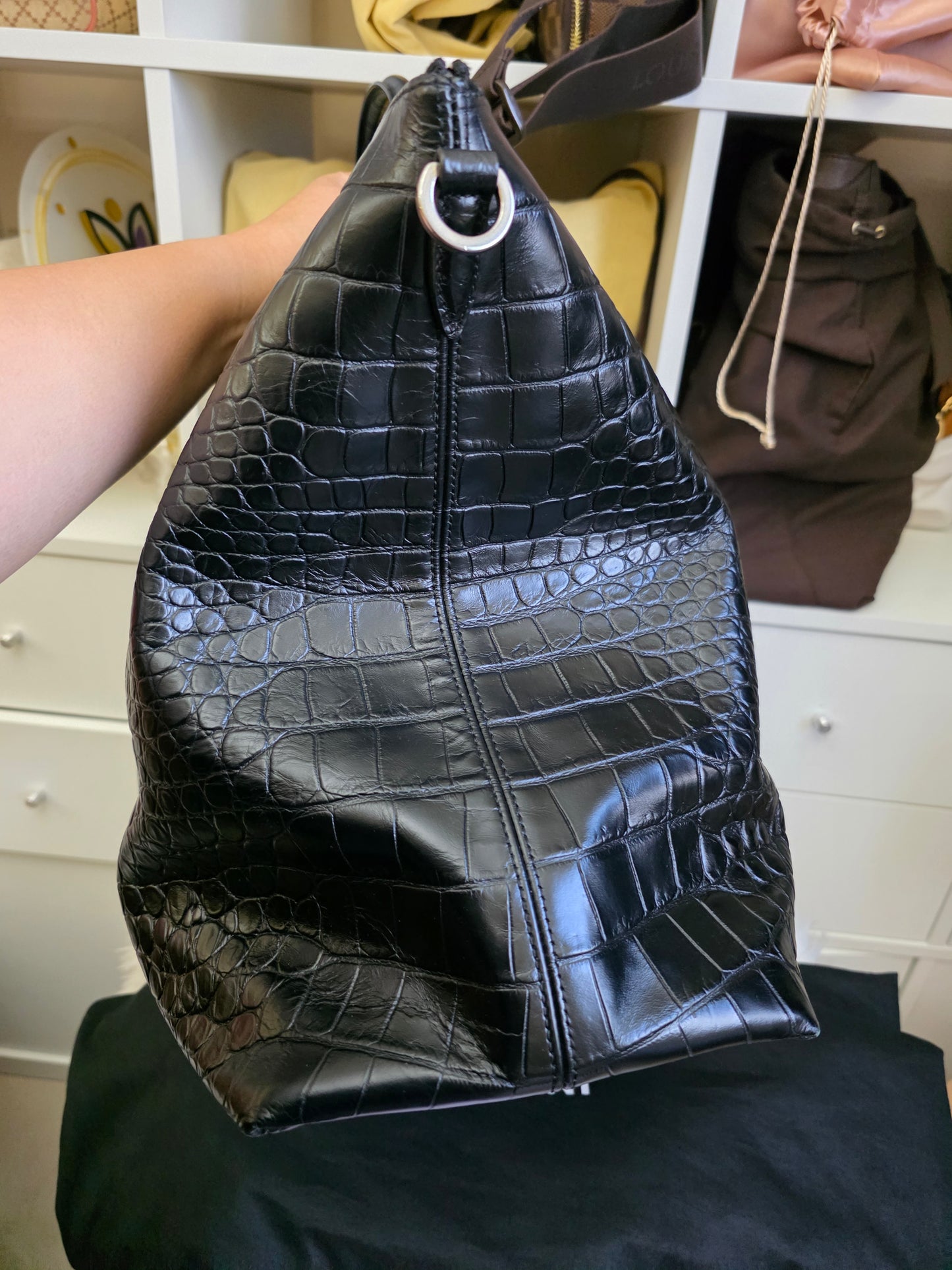 PRELOVED YSL Saint Laurent Giant bowling bag black croc embossed leather BAG