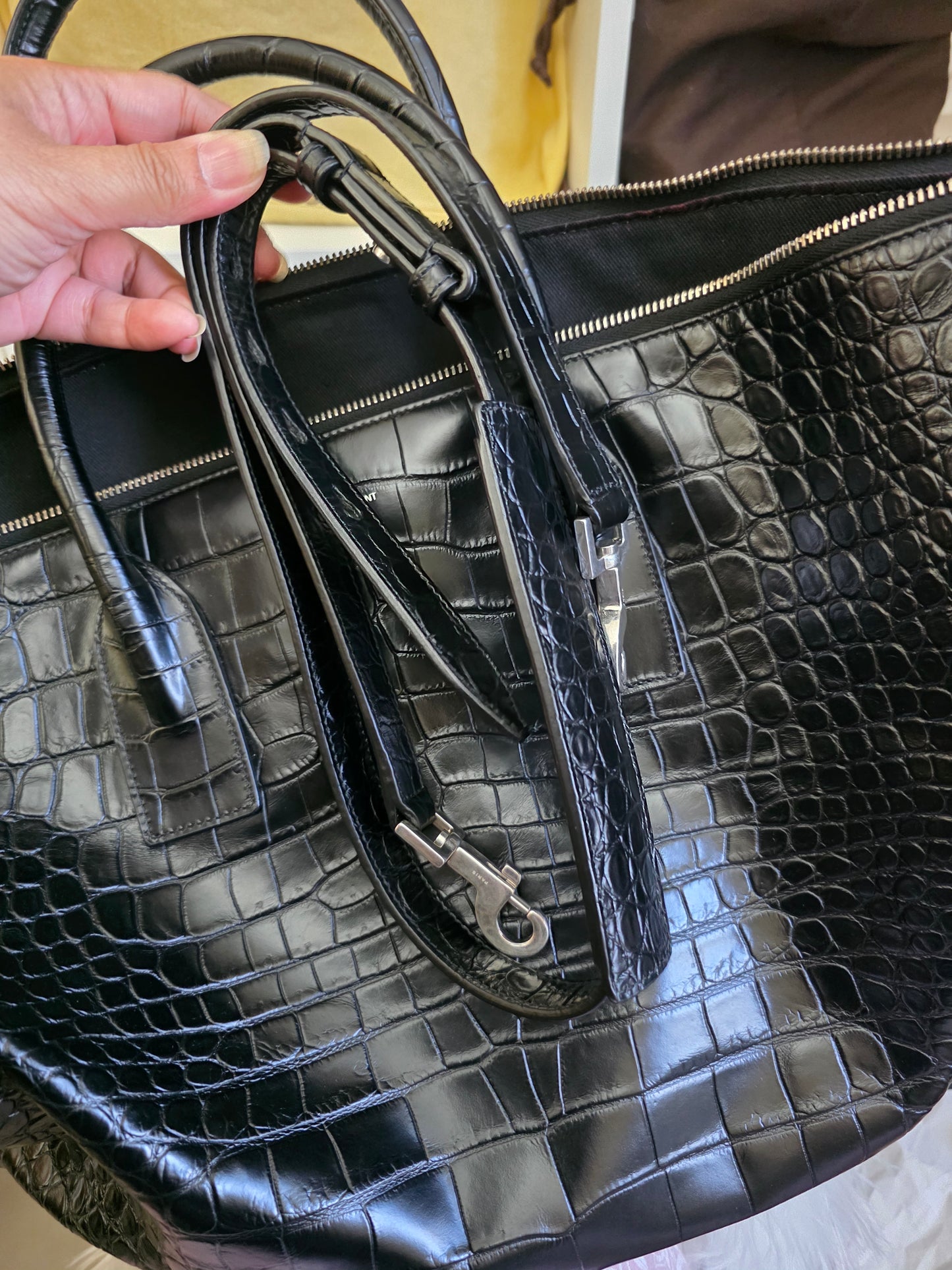 PRELOVED YSL Saint Laurent Giant bowling bag black croc embossed leather BAG