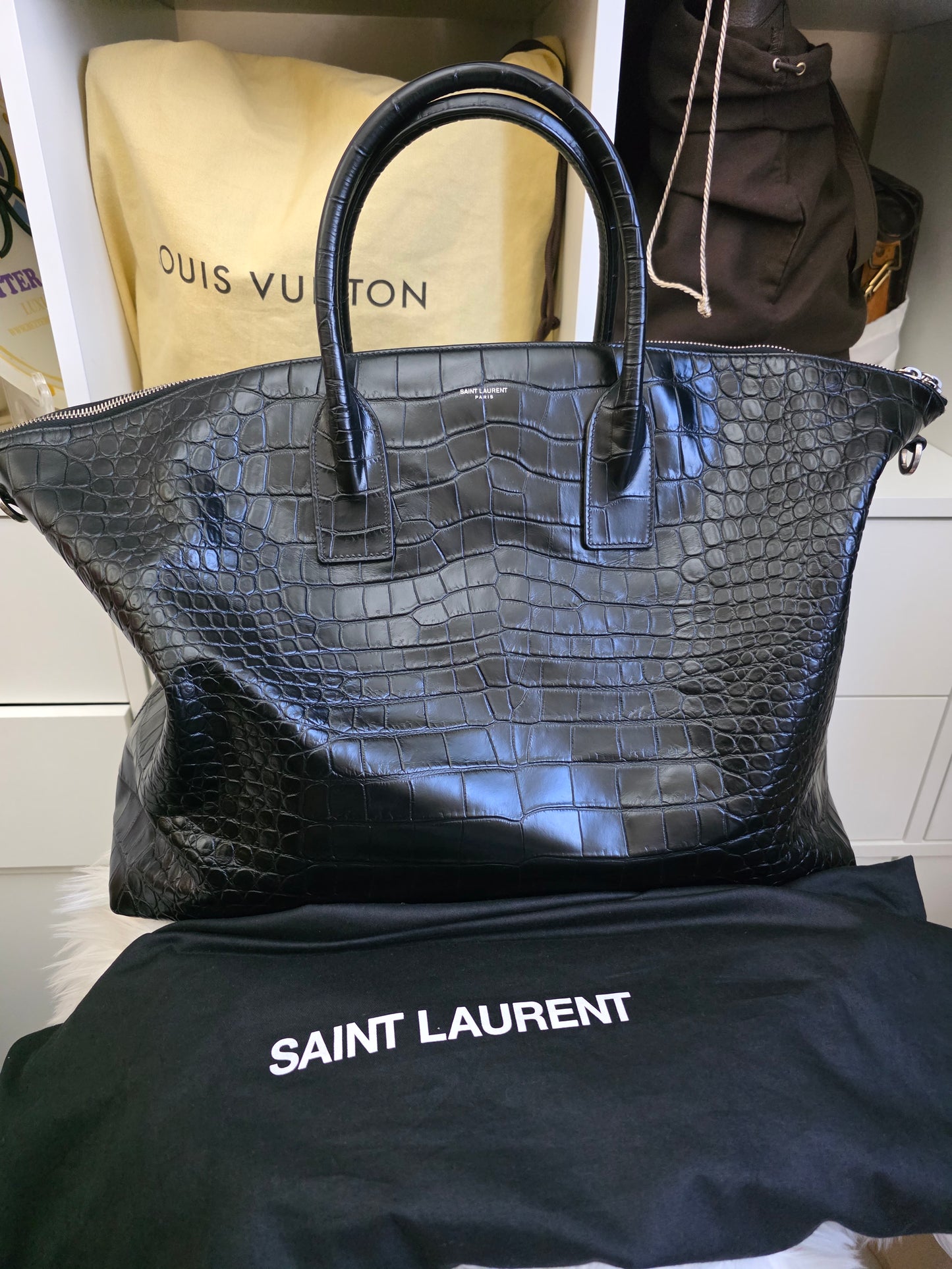 PRELOVED YSL Saint Laurent Giant bowling bag black croc embossed leather BAG