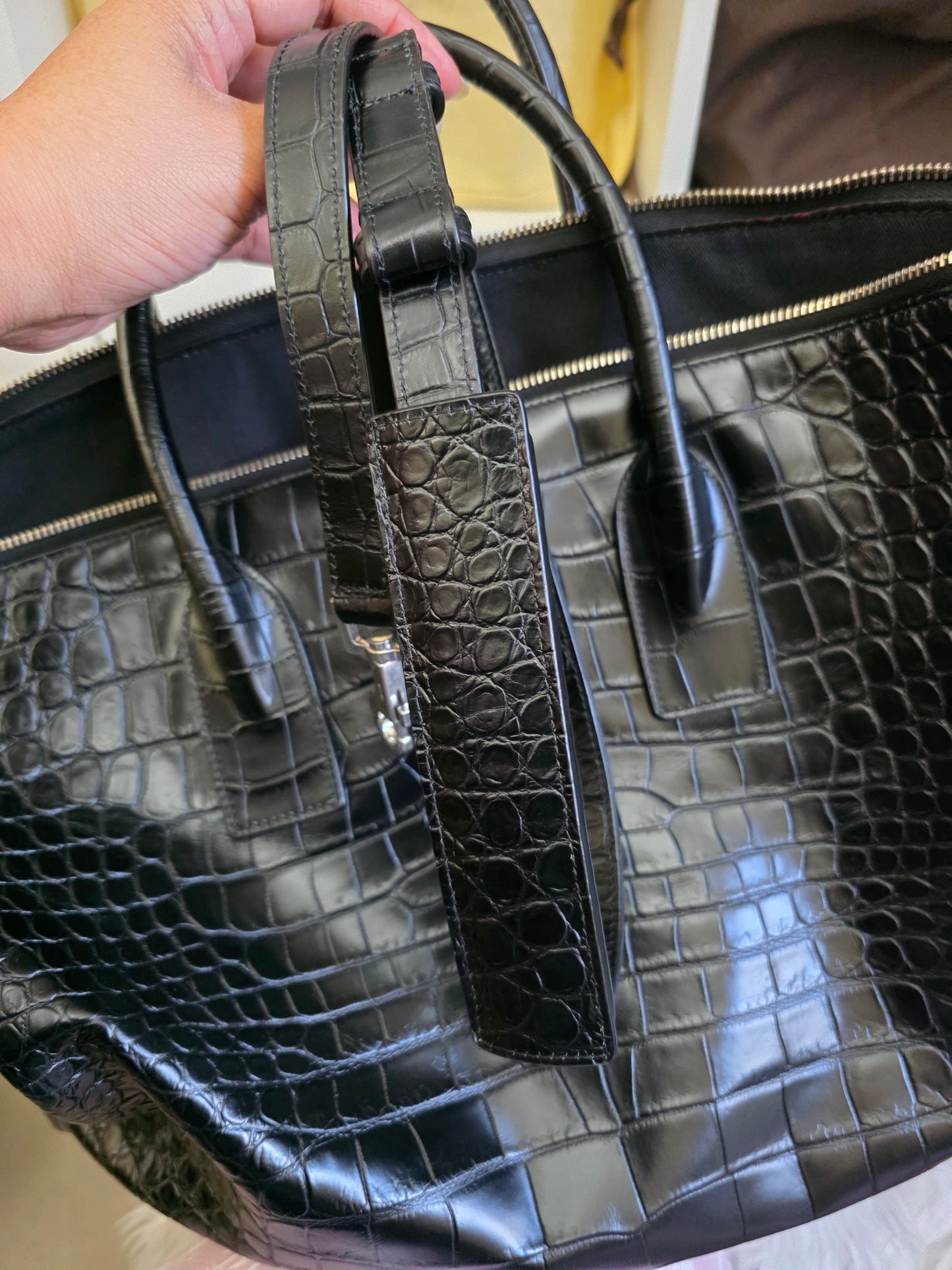 PRELOVED YSL Saint Laurent Giant bowling bag black croc embossed leather BAG