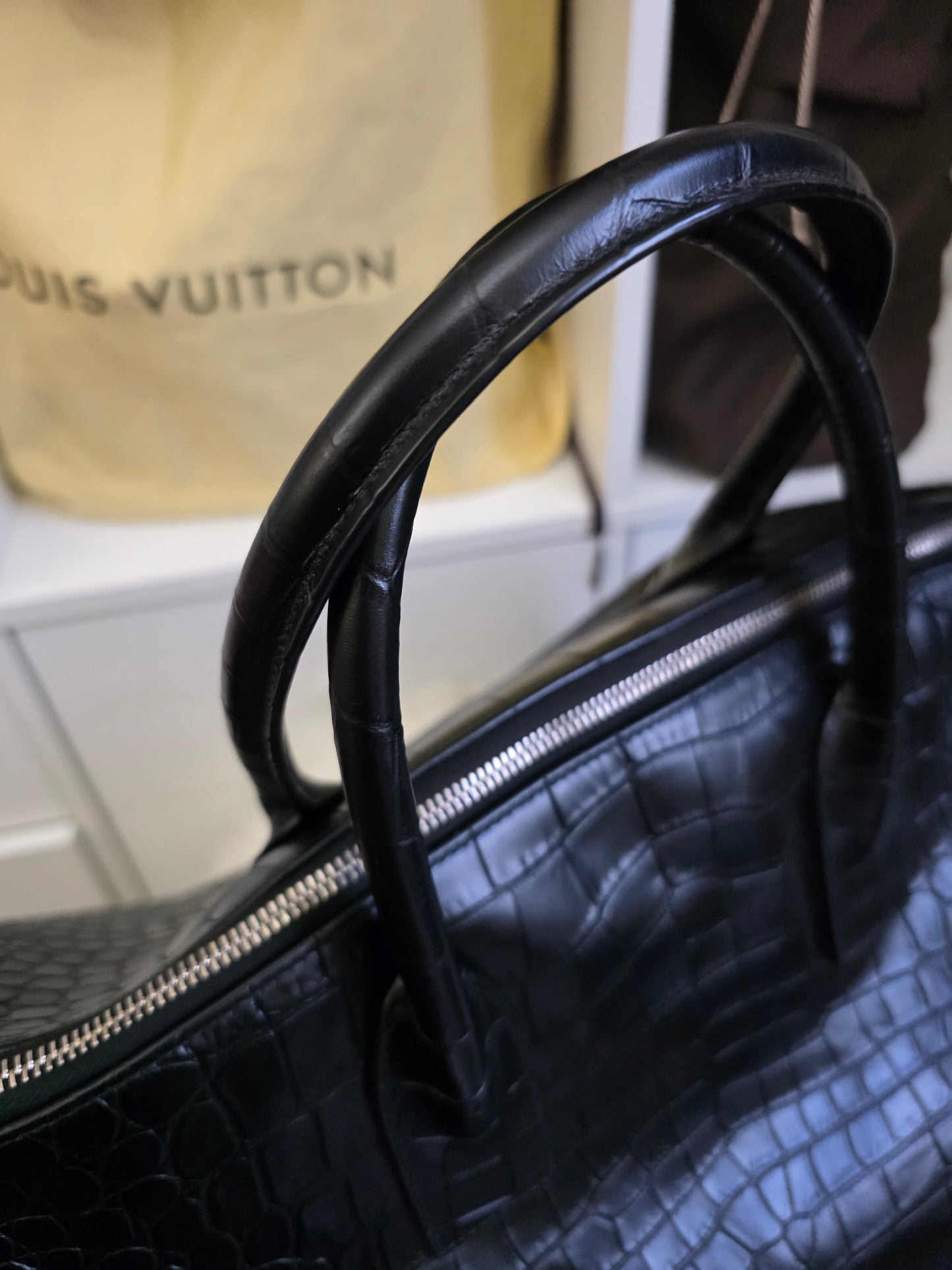 PRELOVED YSL Saint Laurent Giant bowling bag black croc embossed leather BAG