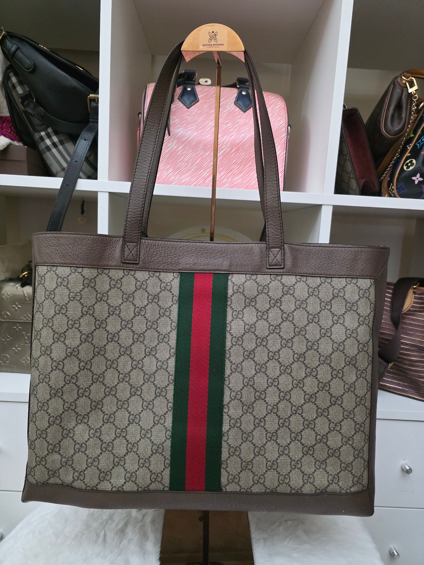 PRE-OWNED Gucci GG Supreme Web Ophidia Tote with Pouch – Brown
