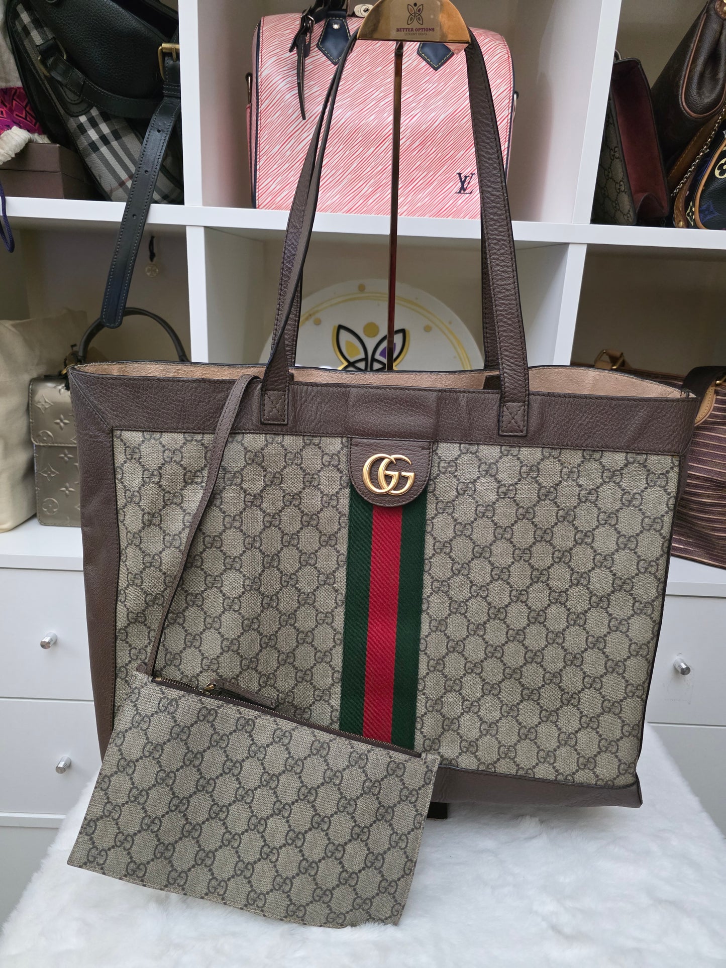 PRE-OWNED Gucci GG Supreme Web Ophidia Tote with Pouch – Brown