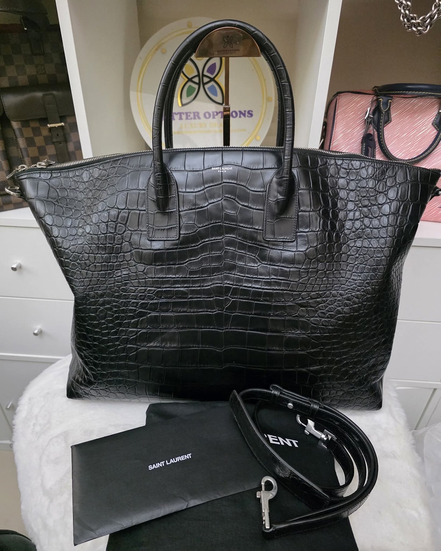 PRELOVED YSL Saint Laurent Giant bowling bag black croc embossed leather BAG