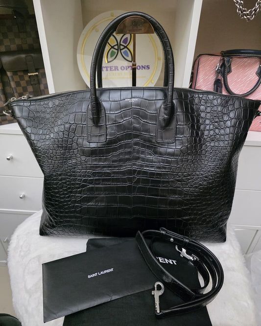 PRELOVED YSL Saint Laurent Giant bowling bag black croc embossed leather BAG