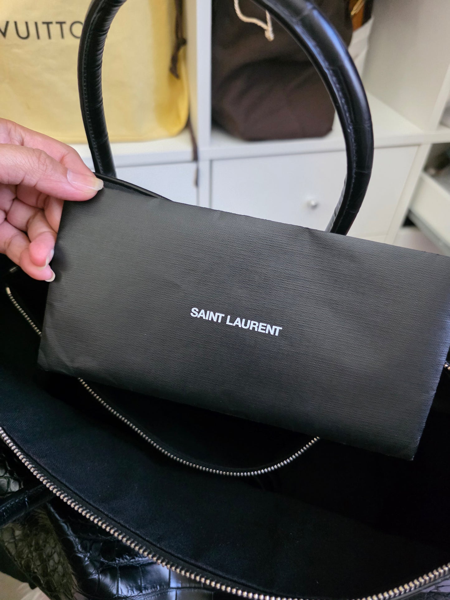 PRELOVED YSL Saint Laurent Giant bowling bag black croc embossed leather BAG