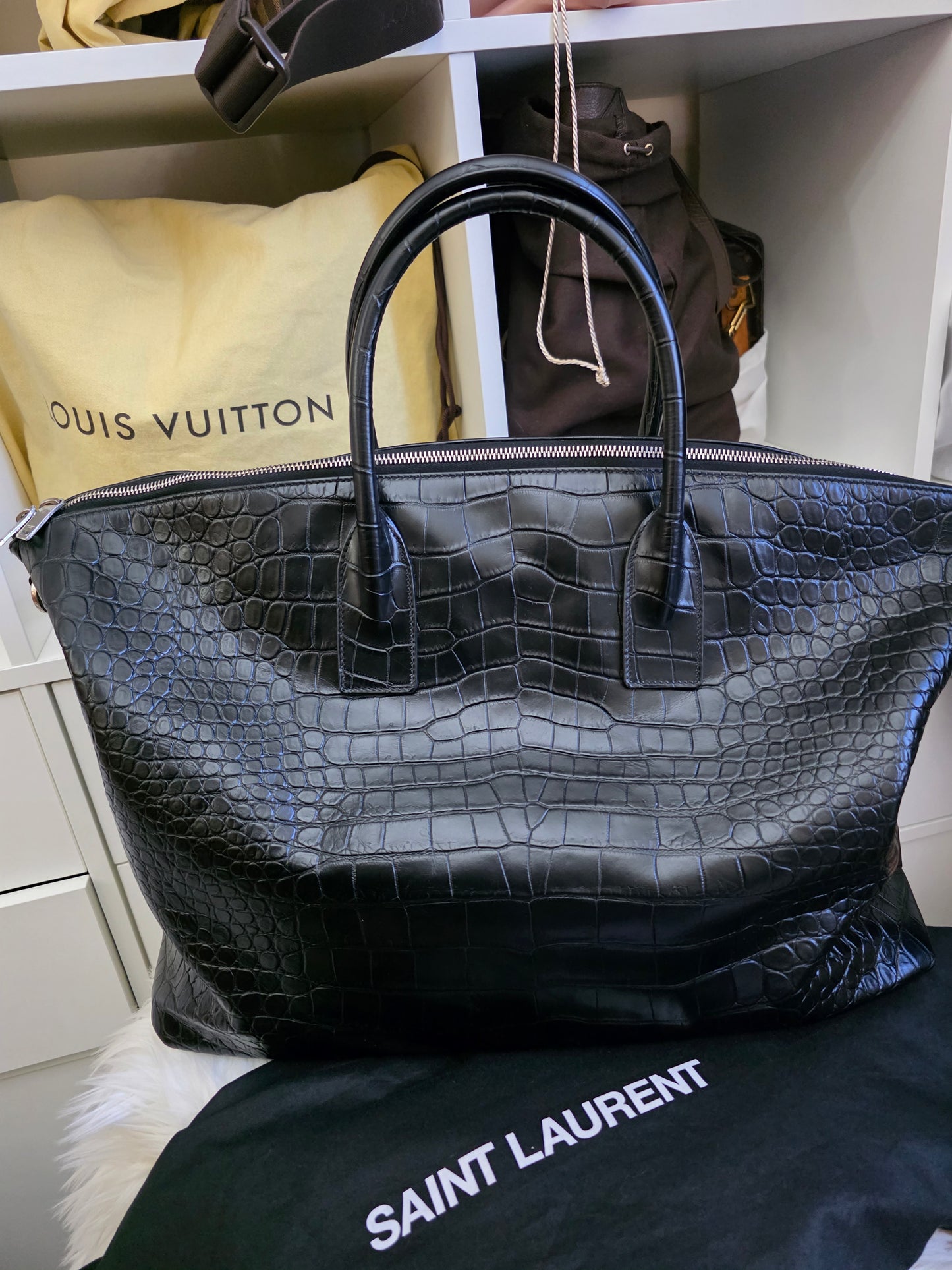 PRELOVED YSL Saint Laurent Giant bowling bag black croc embossed leather BAG