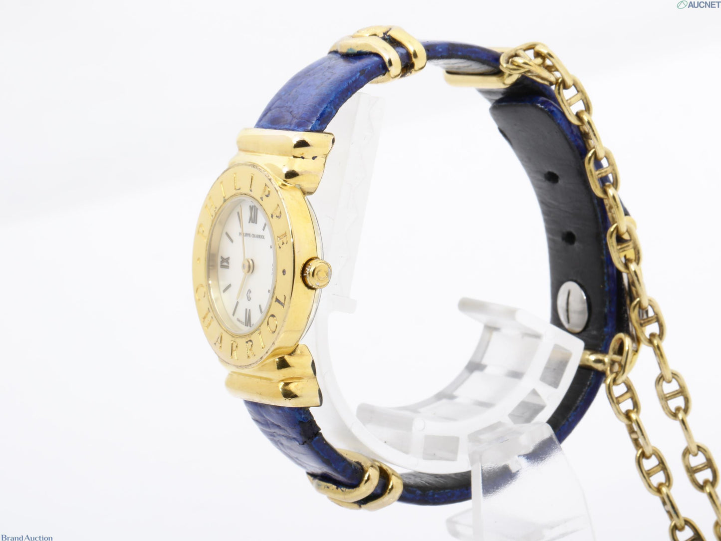 PRE OWNED PHILIPPE CHARRIOL St. Tropez Swiss Made Quartz Gold Case BLUE  Leather Strap 37057