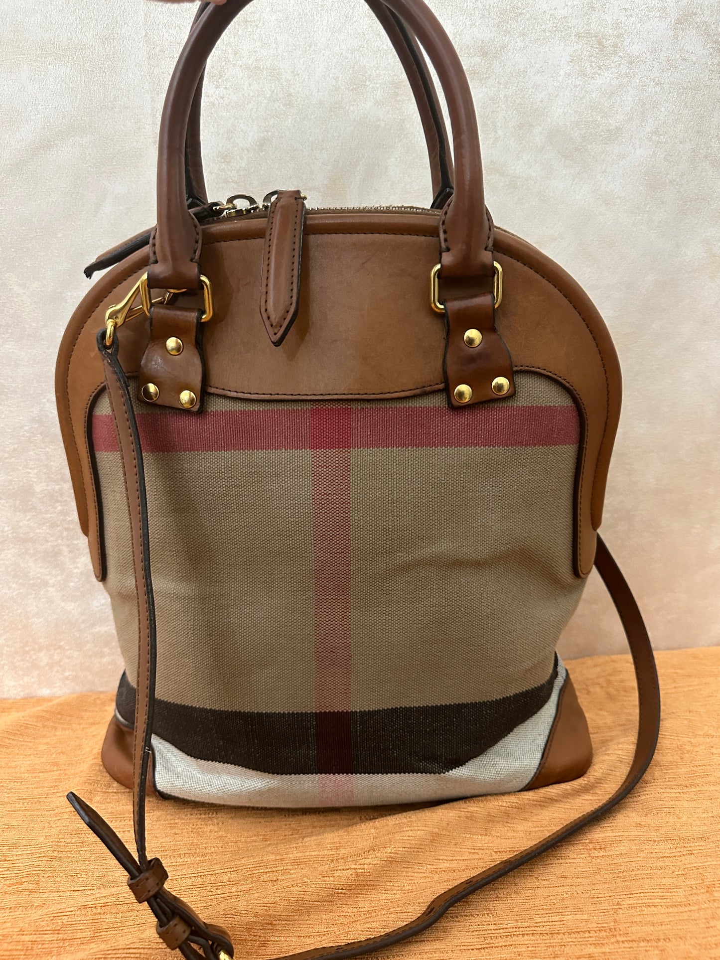 PRELOVED BURBERRY 
Canvas Mega Check Calfskin Medium Bloomsbury Saddle Brown