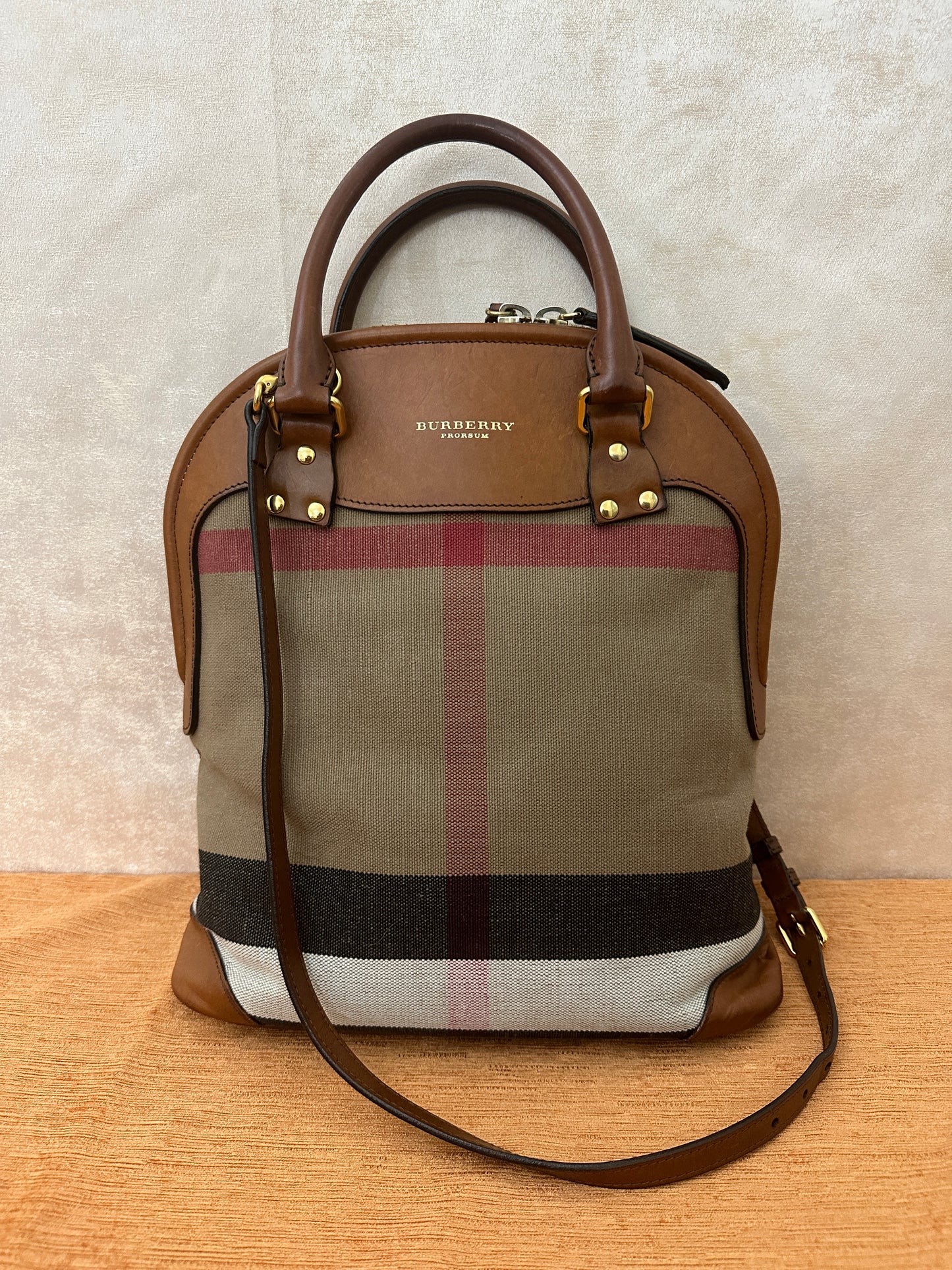 PRELOVED BURBERRY 
Canvas Mega Check Calfskin Medium Bloomsbury Saddle Brown