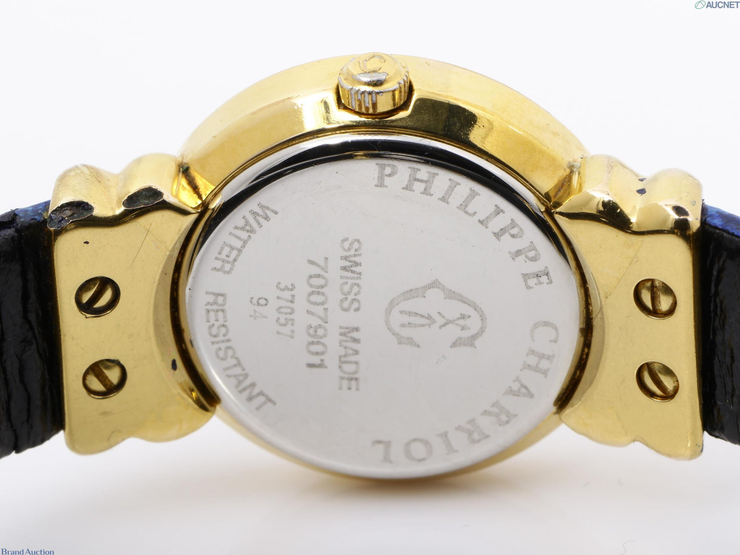PRE OWNED PHILIPPE CHARRIOL St. Tropez Swiss Made Quartz Gold Case BLUE  Leather Strap 37057