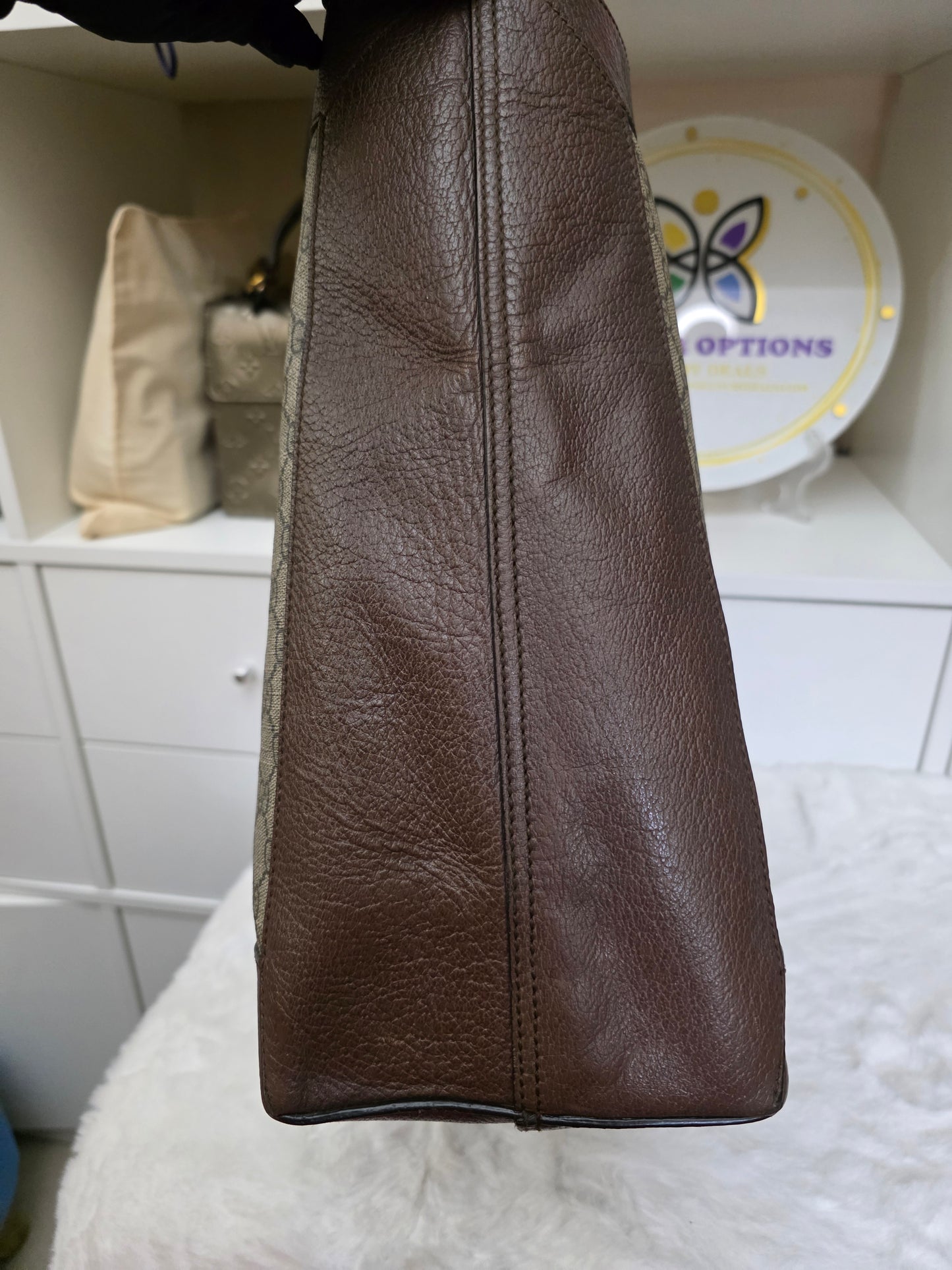 PRE-OWNED Gucci GG Supreme Web Ophidia Tote with Pouch – Brown