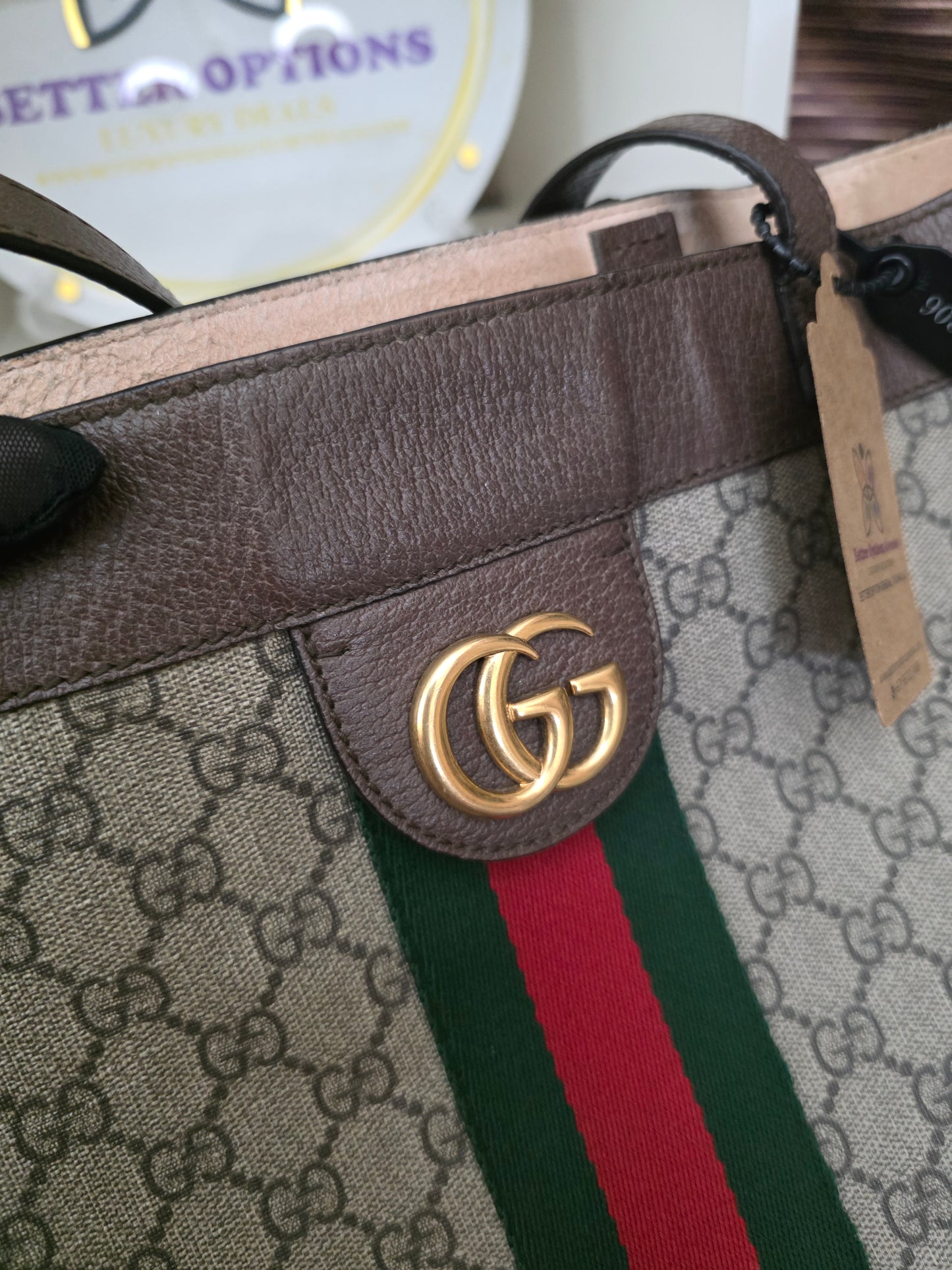PRE-OWNED Gucci GG Supreme Web Ophidia Tote with Pouch – Brown