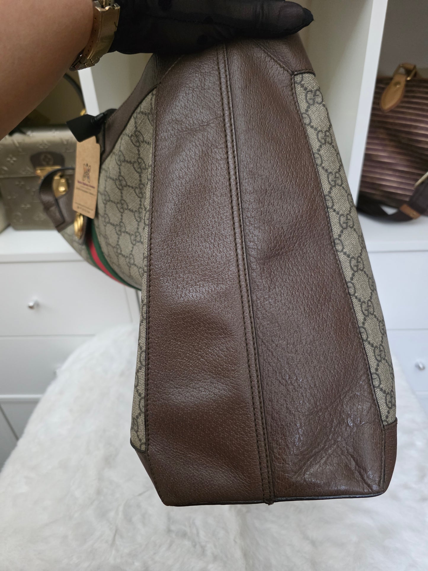 PRE-OWNED Gucci GG Supreme Web Ophidia Tote with Pouch – Brown
