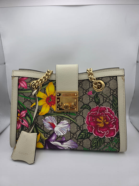 Gucci Multicolor GG Supreme Canvas and Leather Trim Flora Padlock Small Shoulder Bag