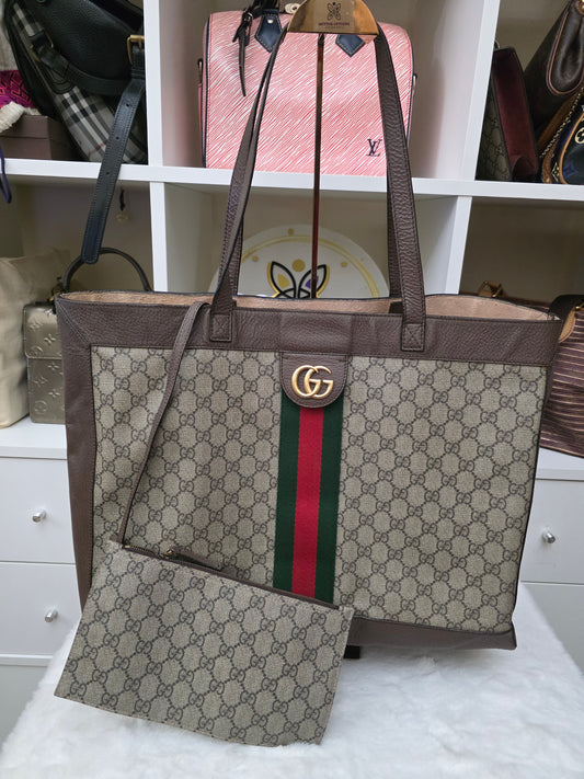 PRE-OWNED Gucci GG Supreme Web Ophidia Tote with Pouch – Brown