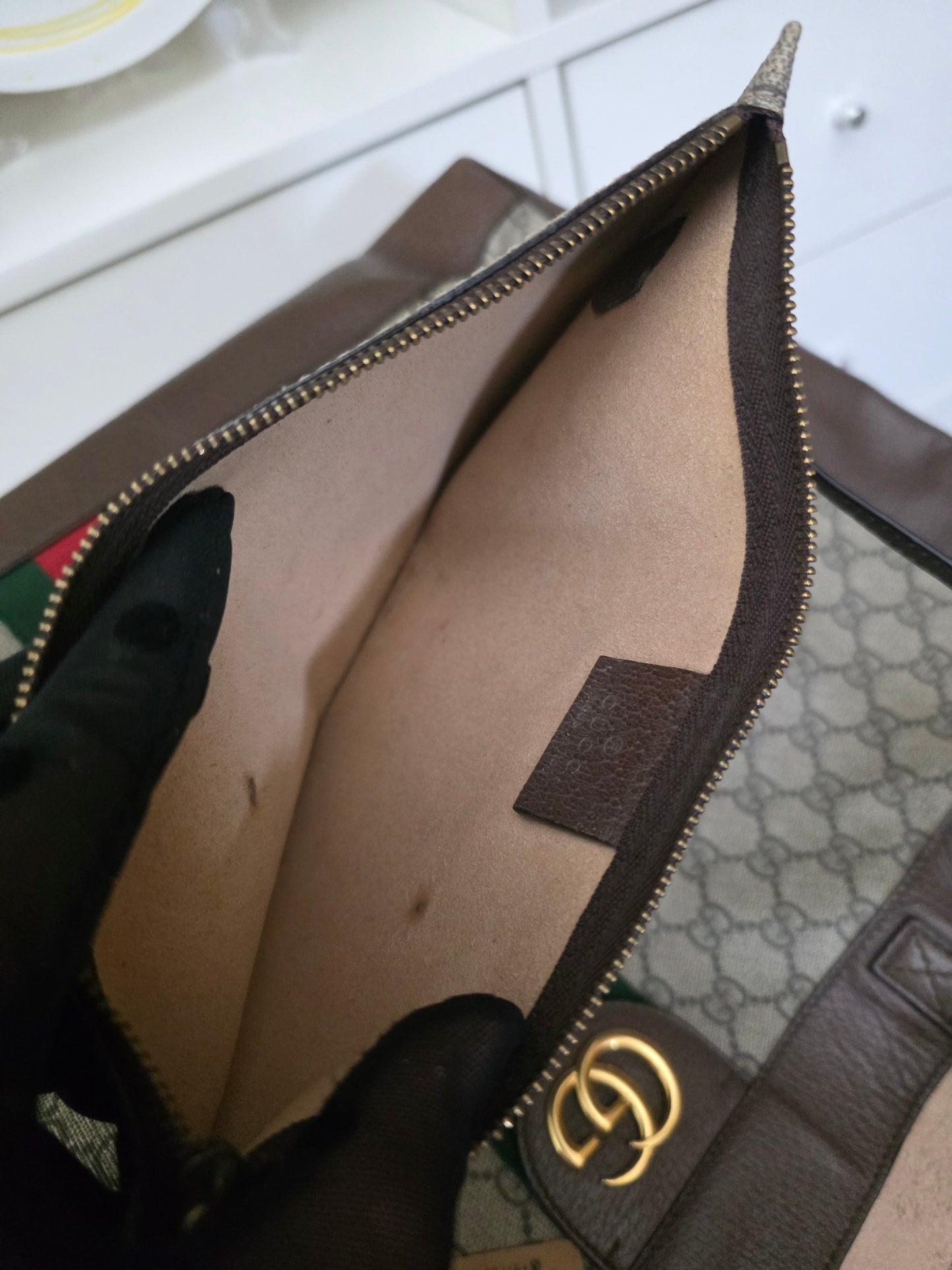 PRE-OWNED Gucci GG Supreme Web Ophidia Tote with Pouch – Brown